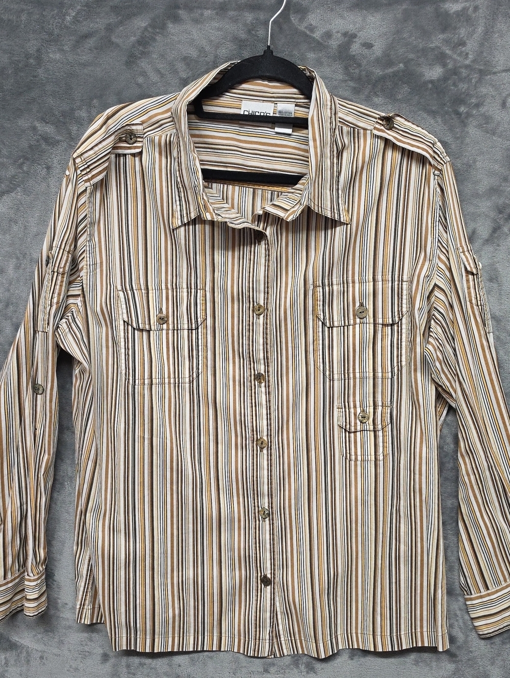 Chico's Woman's Striped Button-Down Shirt in Beige, Brown and White Sz 3(xL)
